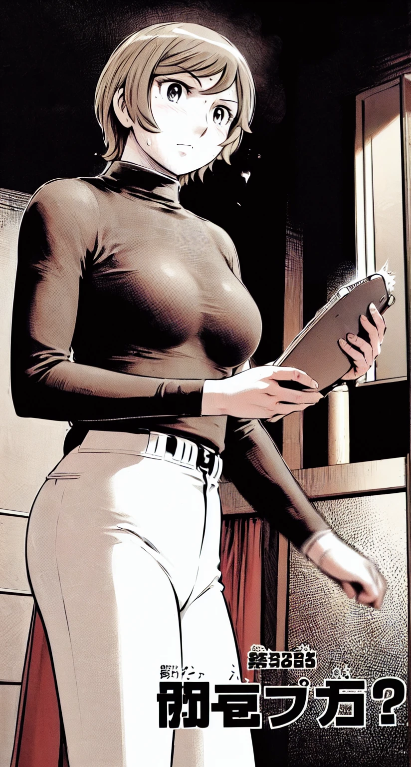 (野球uniform:1.2),
Blonde Hair, (short hair:1.2),Long sleeve, Black Shirt, turtleneck,White trousers、uniform、Black belt、((Illustration of people))、Big 、
View Audience,, (Highest quality:1.3),One Girl, White pants、uniform、indoor、baseball 、White wall、blue eyes、Tight black shirt、(masterpiece、Highest quality)、Highest quality, Ultra-high resolution, (((masterpiece))), alone, Sweat、Big eyes、Big Breasts、One Girl, Front view、Embarrassed face、Bronze colored hair、((short hair))、Stand up straight、Cowboy Shot