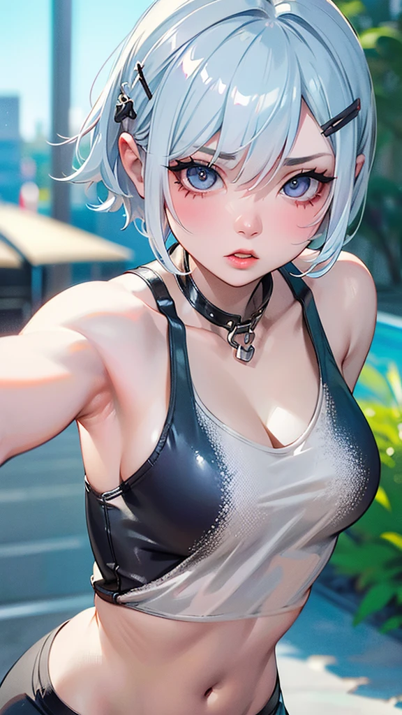 UHigh resolution, retina, masterpiece, Accurate, Anatomically correct, Textured skin, Very detailed, Attention to detail, high quality, 最high quality, High resolution, 1080P, High resolution, 4K, 8K, 16K), (Beautiful details, Beautiful lip detail, Very detailedな目と顔),1girl、Short silver bob hair held together with a hair clip, Grey Eyes、anger、I really like it、Tank top、Upper body close-up、Morning Cafe Terrace、Background Blur, Written boundary depth