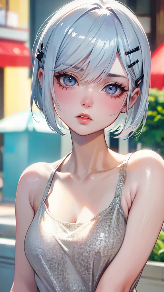 UHigh resolution, retina, masterpiece, Accurate, Anatomically correct, Textured skin, Very detailed, Attention to detail, high quality, 最high quality, High resolution, 1080P, High resolution, 4K, 8K, 16K), (Beautiful details, Beautiful lip detail, Very detailedな目と顔),1girl、Short silver bob hair held together with a hair clip, Grey Eyes、anger、I really like it、Tank top、Upper body close-up、Morning Cafe Terrace、Background Blur, Written boundary depth