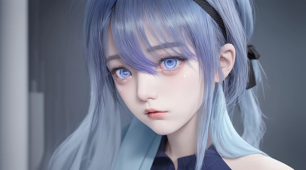 Black hair band、Light blue and purple hair、Girl、Dark navy blue clothing that exposes the shoulders、Tears flowing、Facing the top right、I'm asking for grace with both hands、Landscape、Whimpering、sad look
