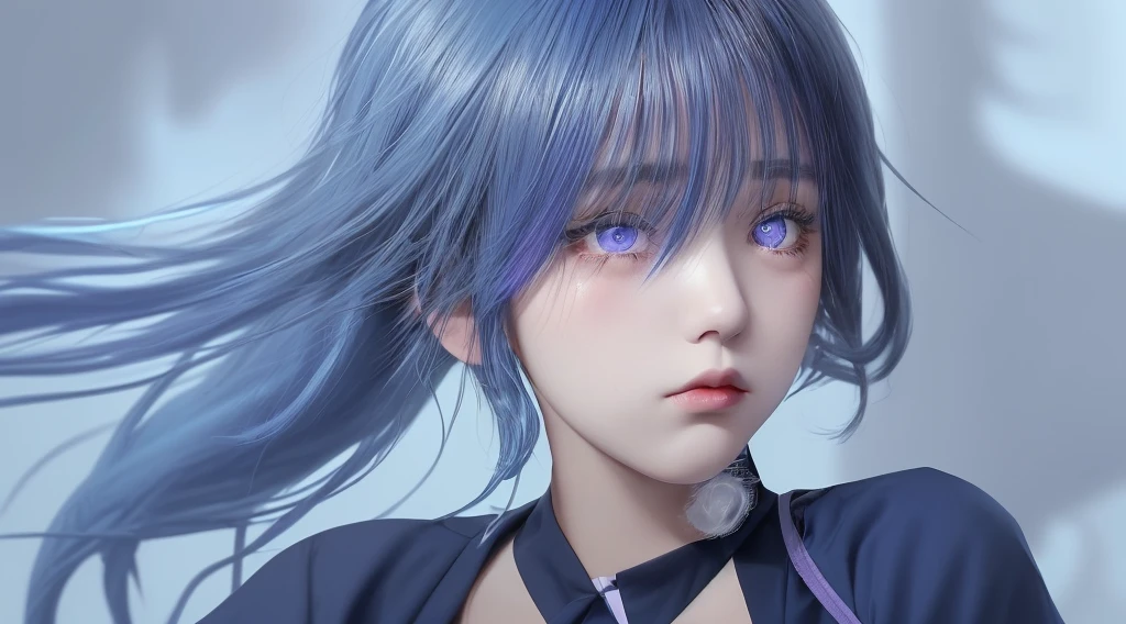 Black hair band、Light blue and purple hair、Girl、Dark navy blue clothing that exposes the shoulders、Tears flowing、Facing the top right、I'm asking for grace with both hands、Landscape、Whimpering、sad look