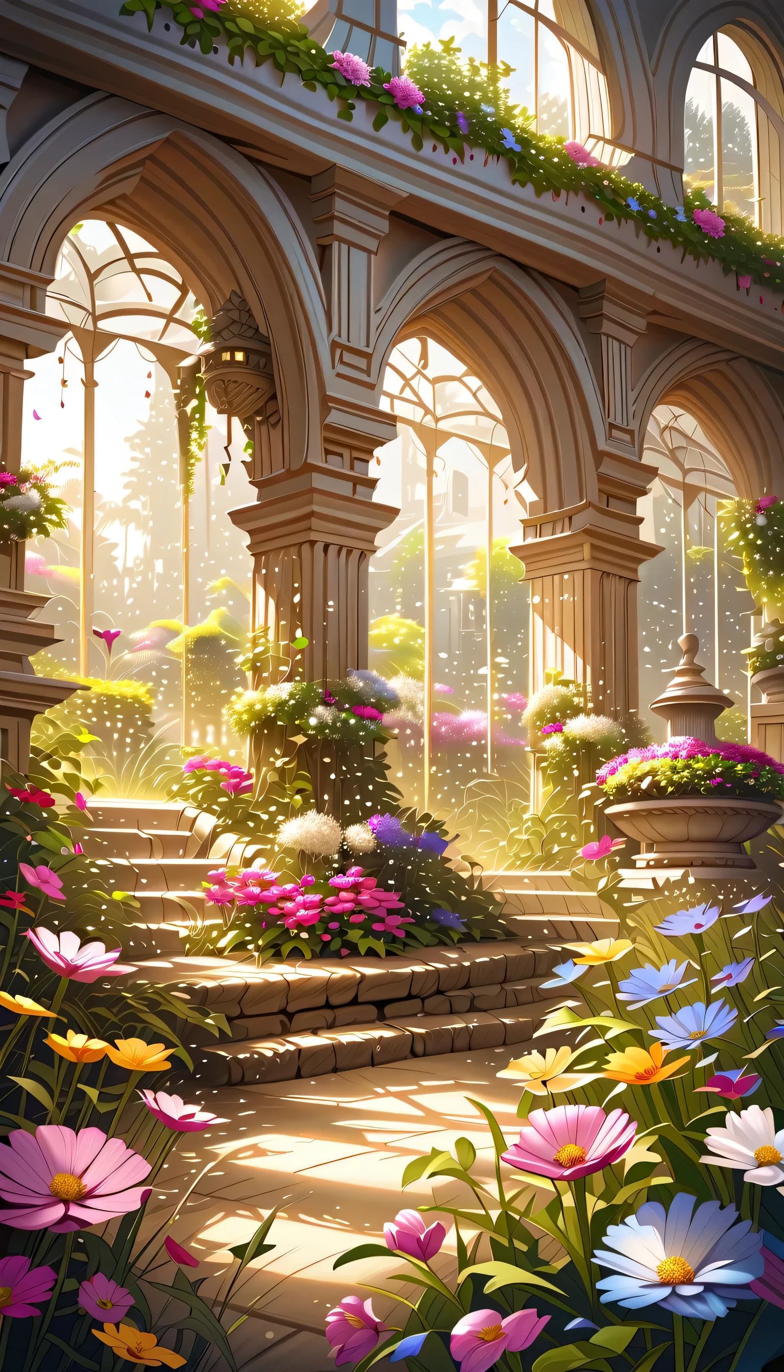 Garden of colorful flowers, Vibrant colors, Fine petals, The sunlight peeks through, Breeze, Fun atmosphere, High-resolution artwork, Realistic and crisp, Soft and natural lighting effects, Blooming Flowers, A variety of flowers, Beautifully constructed composition, Meticulous attention to detail, Realistic texture, Botanical paradise.