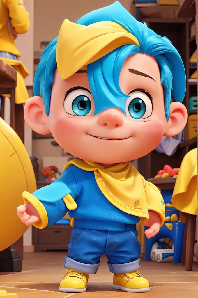 A blue and yellow boy inspired by fun