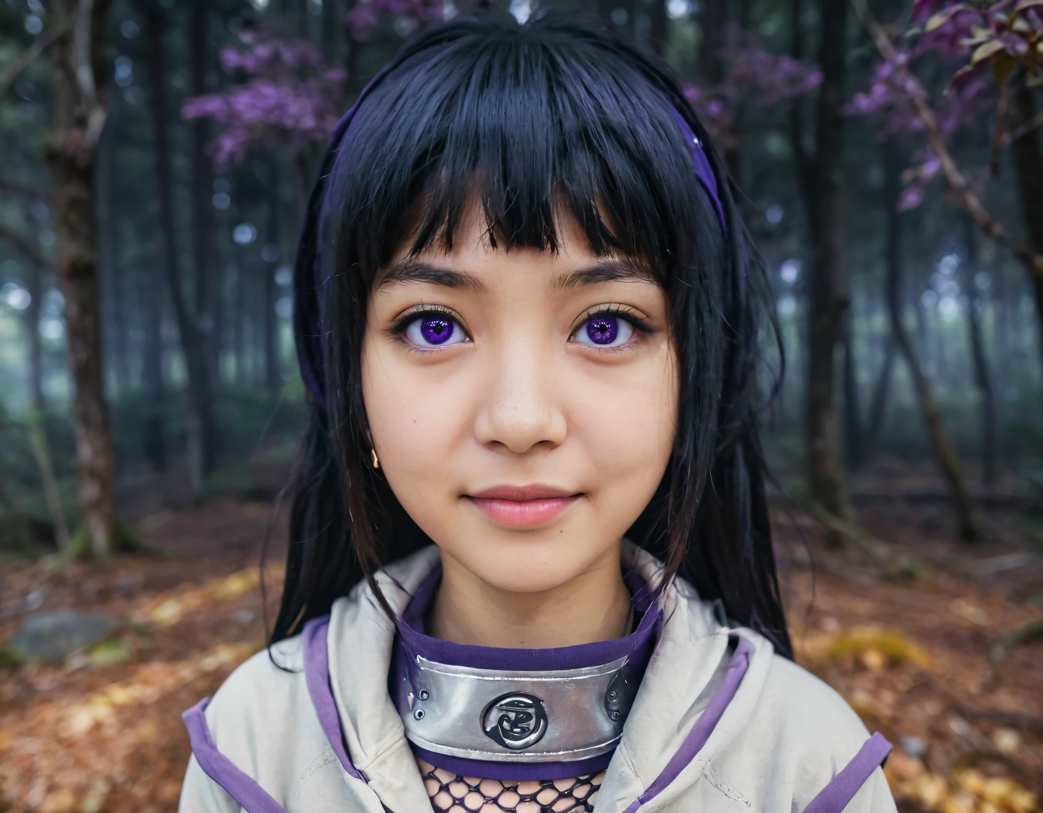 Portrait of a girl, Hinata Hyuuga, wearing a hoodie, steel headband on her neck, light purple eyes, forest background, (highly detailed face:1.4) (smile:0.7) (background inside dark, moody, private study:1.3) POV, by lee jeffries, nikon d850, film stock photograph ,4 kodak portra 400 ,camera f1.6 lens ,rich colors ,hyper realistic ,lifelike texture, dramatic lighting , cinestill 800