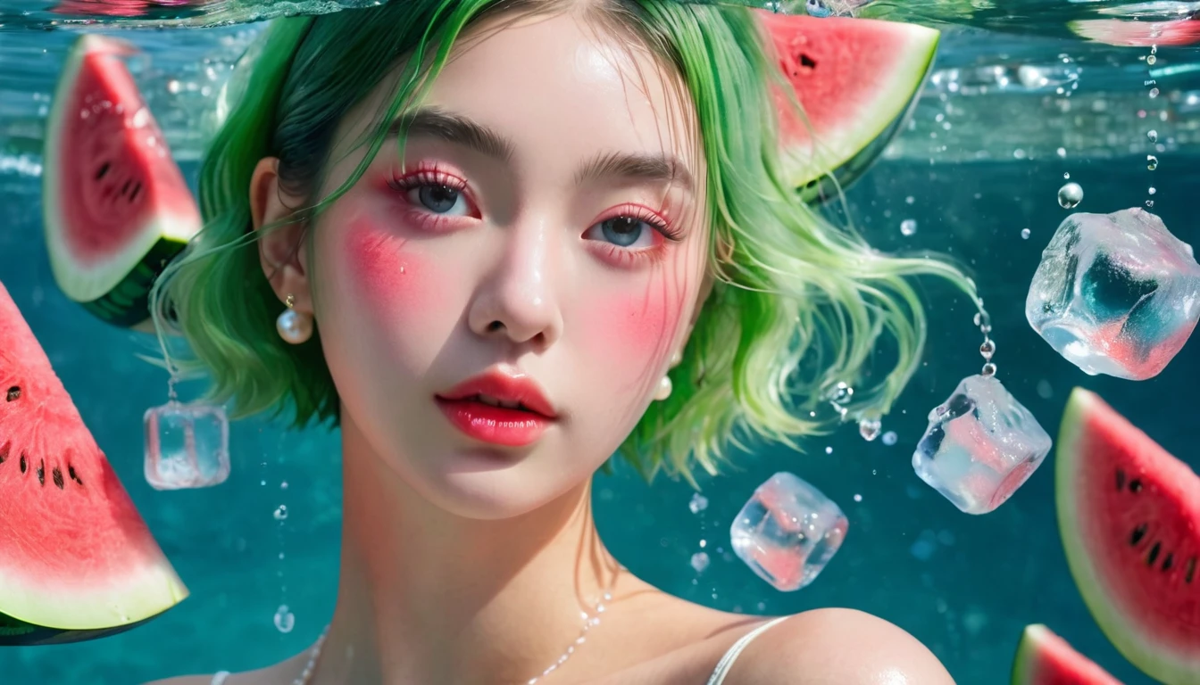 Summer Watermelon Girl,Dopamine teenage, Cool summer days,Chilled watermelon,Ice cubes,The watery girl,Delicate skin,Hydration,Shiny,Shiny,dream,Front view,bust,pearl