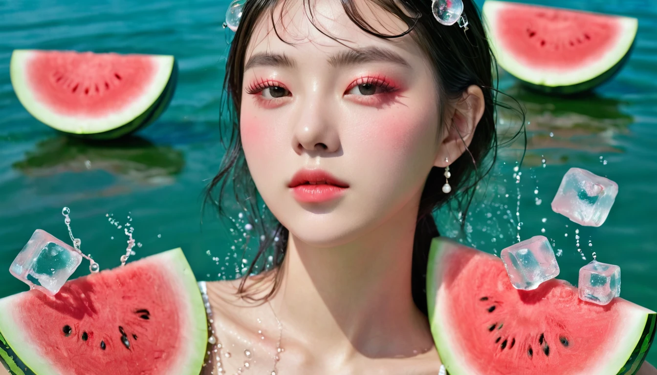 Summer Watermelon Girl,Dopamine age, Cool summer days,Chilled watermelon,Ice cubes,The watery girl,Delicate skin,Hydration,Shiny,Shiny,dream,Front view,bust,pearl