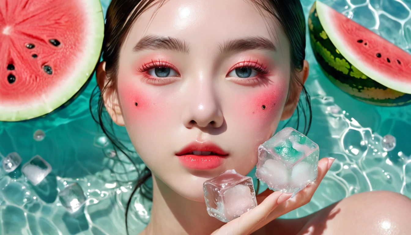 Summer Watermelon Girl,Dopamine teenage, Cool summer days,Chilled watermelon,Ice cubes,The watery girl,Delicate skin,Hydration,Shiny,Shiny,dream,Front view,bust,pearl