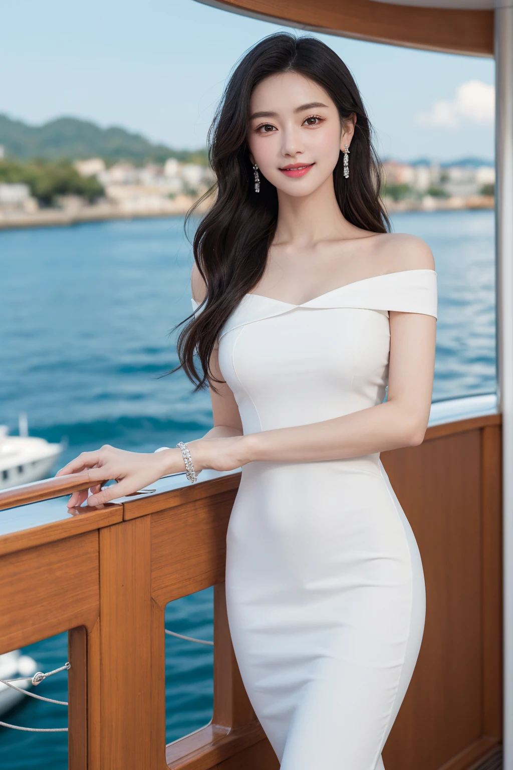 White skin, aqua eyes, (((precise))), (((Very detailed))), A girl, On the deck of a luxury yacht, The sun shines on the sea, Sparkling。, Fold your hands in front of your chest, Stand slightly sideways, Confident posture。, Lips up, With a calm smile, The eyes have a hint of charm, Long wavy hair, Pin one side of your hair behind your ear, Wearing a pair of exquisite diamond earrings, White tube top tight dress, Wearing a thin diamond bracelet, (((High Detail))), (((Best quality))), (((16k))), (((masterpiece)))  