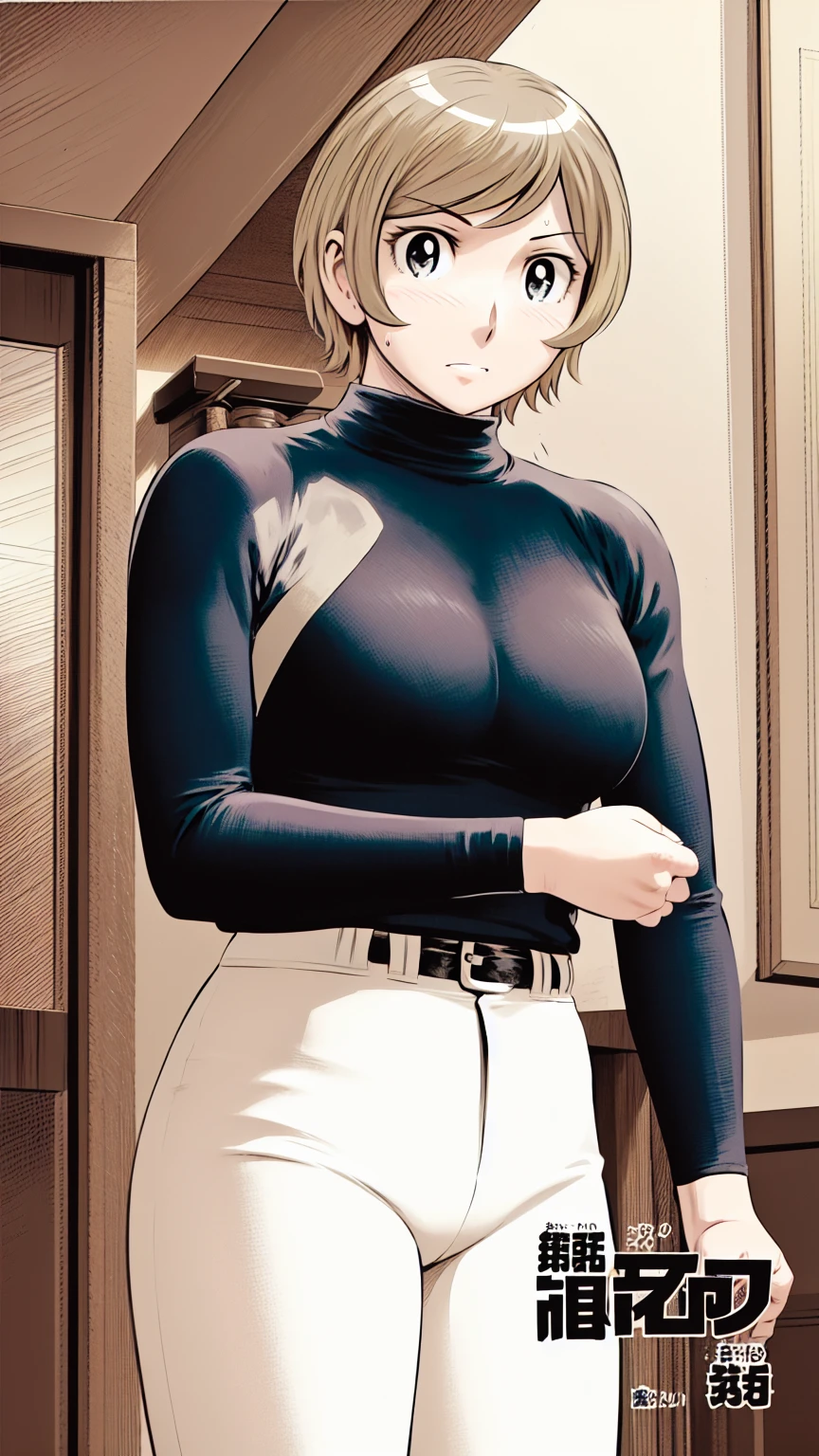 (野球uniform:1.2),
Blonde Hair, (short hair:1.2),Long sleeve, Black Shirt, turtleneck,White trousers、uniform、Black belt、((Illustration of people))、Big Boobs、
View Audience,, (Highest quality:1.3),One Girl, White pants、uniform、indoor、baseball 、White wall、blue eyes、Tight black shirt、(masterpiece、Highest quality)、Highest quality, Ultra-high resolution, (((masterpiece))), alone, Sweat、Big eyes、Big Breasts、One Girl, Front view、Embarrassed face、Bronze colored hair、((short hair))、Stand up straight、Cowboy Shot