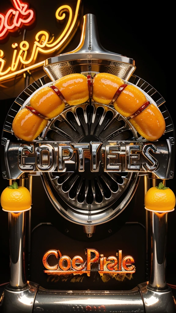 HOT hot dog, vintage soda ICE splesh and crazy slices of lettuce and tomato with black gears gradient background with a cool and powerful engine metal chrome accents, slices of oranges and lemons hyper realistic details of liquid neon splesh highlighting the word "FOOD DRINK" in the upper neon