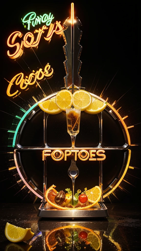 HOT hot dog, vintage soda ICE splesh and crazy slices of lettuce and tomato with black gears gradient background with a cool and powerful engine metal chrome accents, slices of oranges and lemons hyper realistic details of liquid neon splesh highlighting the word "FOOD DRINK" in the upper neon