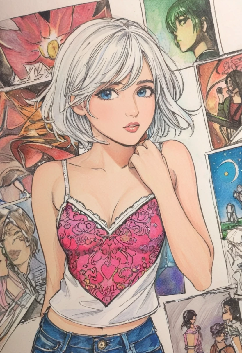 woman,Short camisole vest,White,Art,,Colored pencil sketch,sketch ,Comic Collage