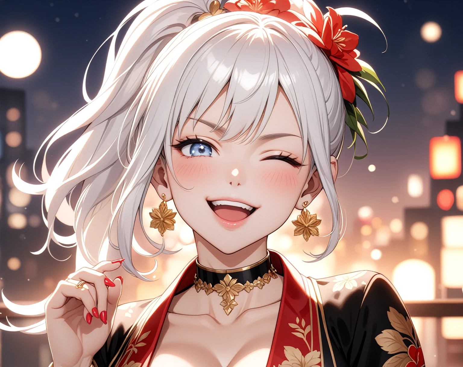 ((One personの女性)), Beautiful Face, (Laughing embarrassedly), (laugh:1.2),((Wink:1.9)), (head tilt:1.3), Laugh with your mouth wide open, upper teeth, looking down at viewer, ((Bright red cheeks:1.4)),Glossy Red Lips,rooftop, firework, Glossy red lips, Shining Face, ((Anime style background)),masterpiece, Highest quality, so beautiful,up to date, Complex details, (Pink long nails),(ring),(bracelet),(Floral choker),AI-generated, Complex,High resolution, Highest quality, super high quality,3D Images、3D Images,One person,Long white hair,High Ponytail, Anime woman posing for a photo,(blue eyes), ((Fine grain、Silvery white, lightly pigmented eyes、Shining Eyes:1.3)), (Squint your eyes:1.1),a hyperRealistic , hyperRealistic , Realistic,Anime woman with long white hair, Smooth anime CG art, A woman in a colorful kimono with gold embroidery, (Black long sleeve kimono),Red floral pattern,Long flower hair ornament,Earrings,Mature Body,(Big Breasts:1.1),Tall,Abdominal muscles,Tight waist,(Zoom up to face:1.0), (front view),