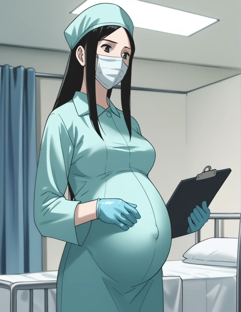 score_9,  score_8_up, score_7_up, source_anime, kasuganoray, pale skin, shy eyes, long hair, scrubs, surgical mask, surgical cap, long sleeve maternity gown,
1girl, pregnant, solo, rubber gloves, clipboard, looking down, furrowed brow, privacy screen, hospital bed, standing