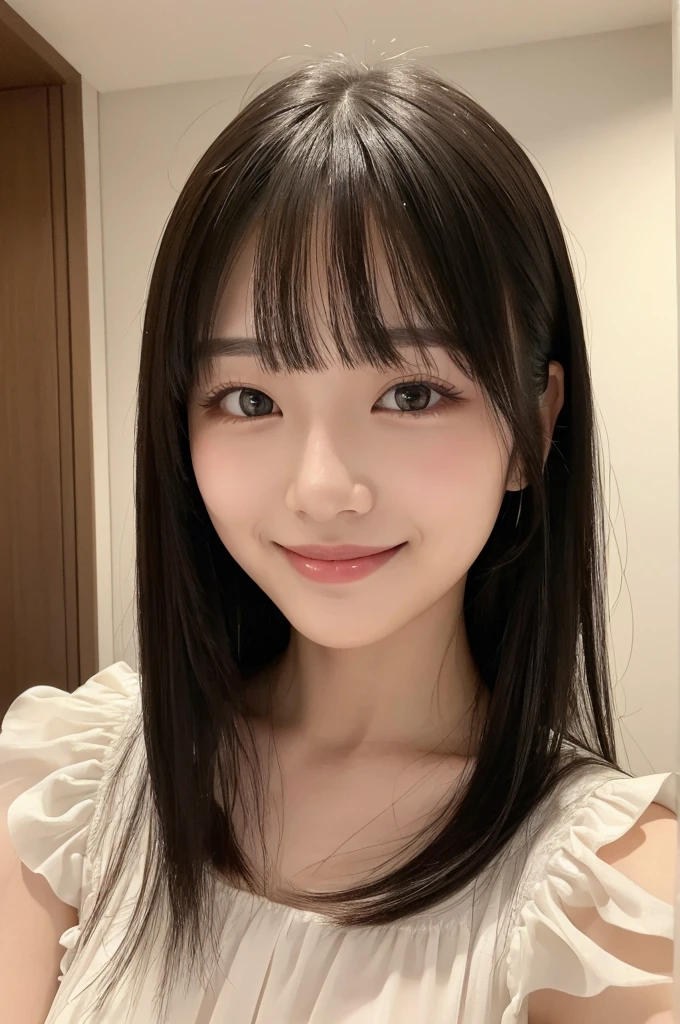 ((Highest quality)), ((masterpiece)), (detailed), Japanese, Age 25, Beauty, Front face, sexy,Face close-up,smile,Long Black Hair、With bangs、White dress、Inside the room