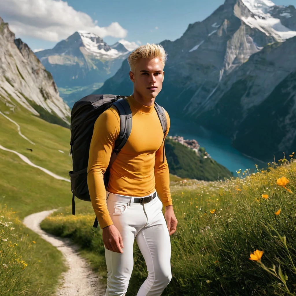 Behold a fashion editorial photo shoot featuring a photogenic and charming bleached blonde hair, 25 years old, skinny and lean body, pretty cute and masculine young face, wearing dirty white fit legging pants and hiking backpack, (semi hard bulge), at hiking trail, outdoors, full of wild flower, the Switzerland mountain background, stand bending over the camera perspective, interesting dynamic view from below, amazing composition, HDR, volumetric lighting, ultra quality, elegant, highly detailed, masterpiece, best quality, high resolution, portrait, male focus, solo focus, The photograph is taken with a Canon EOS R camera using an 85mm f/1.8 lens at an f/2.2 aperture, utilizing natural light. Employing three-point lighting and incorporating 3D animation shadows enhances his features and adds depth to the composition. The careful layering and arrangement of his body parts and surrounding objects ensure a flawless composition. This masterpiece celebrates the beauty of the male form and invites viewers to immerse themselves in a world of sophistication and charm. The seductive lighting and intricate details, combined with a dramatic composition, invite viewers to revel in the essence of a fun-filled day, brimming with joy and relaxation. Attention is meticulously paid to the layers and arrangement of his body parts and surrounding objects, ensuring correct body structure and photo distance. The romantic atmosphere, paired with a lively and extremely gorgeous background, enhances the overall allure of this exquisite image.
