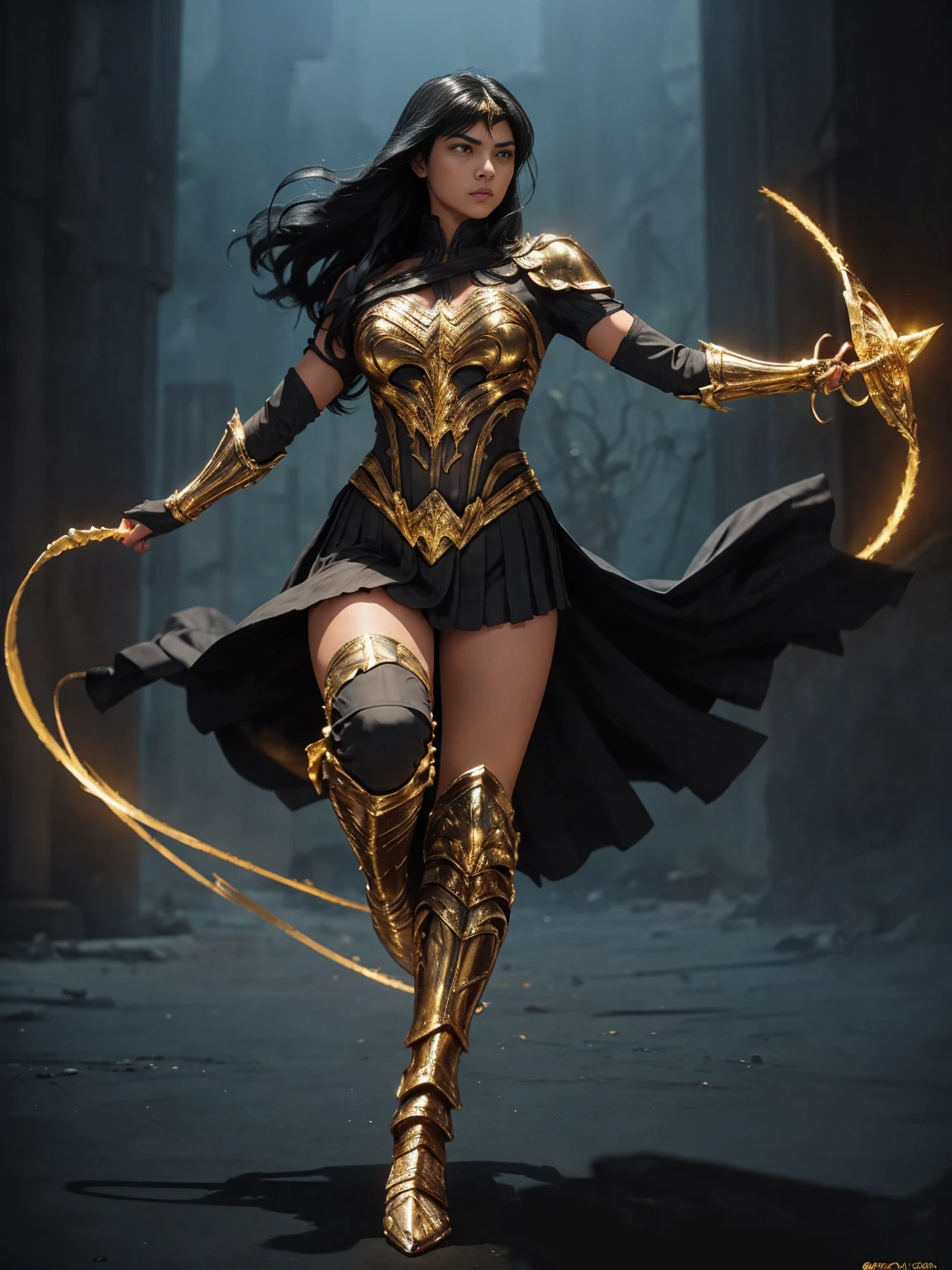 ((Full body photo, standing, feet on the ground)) Yara_flor DC, A warrior, black hair, dynamic pose and yellow eyes, in her hands the lasso of truth, heroine pose, wearing black and gold Yara Flor armor