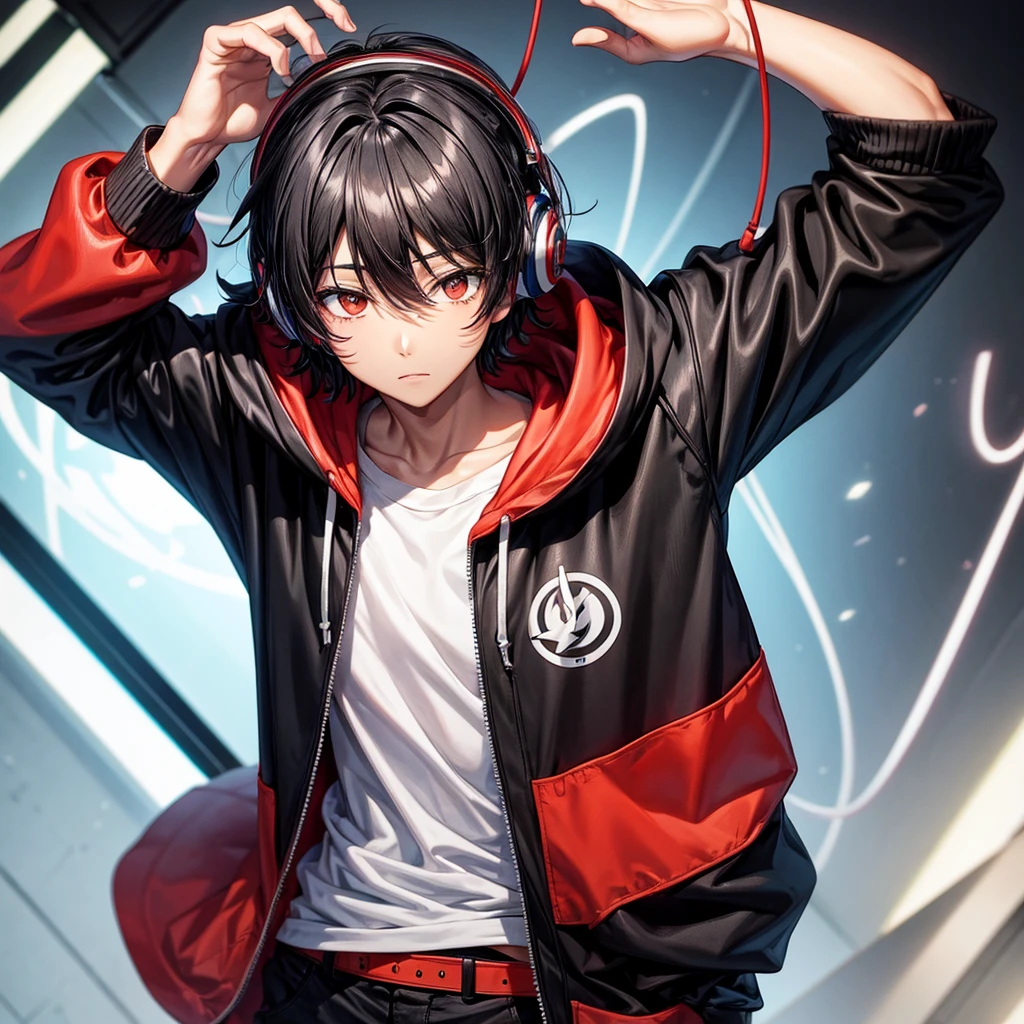 One Black hair boy,Anime,black and red hoodie, headphones on head