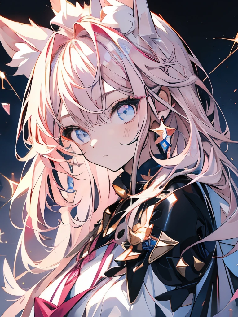 masterpiece、girl、Light pink hair、Long Hair、Sparkling eyes、Animal Ears、Serious face、Black dress、Shining Background、Starry Ski