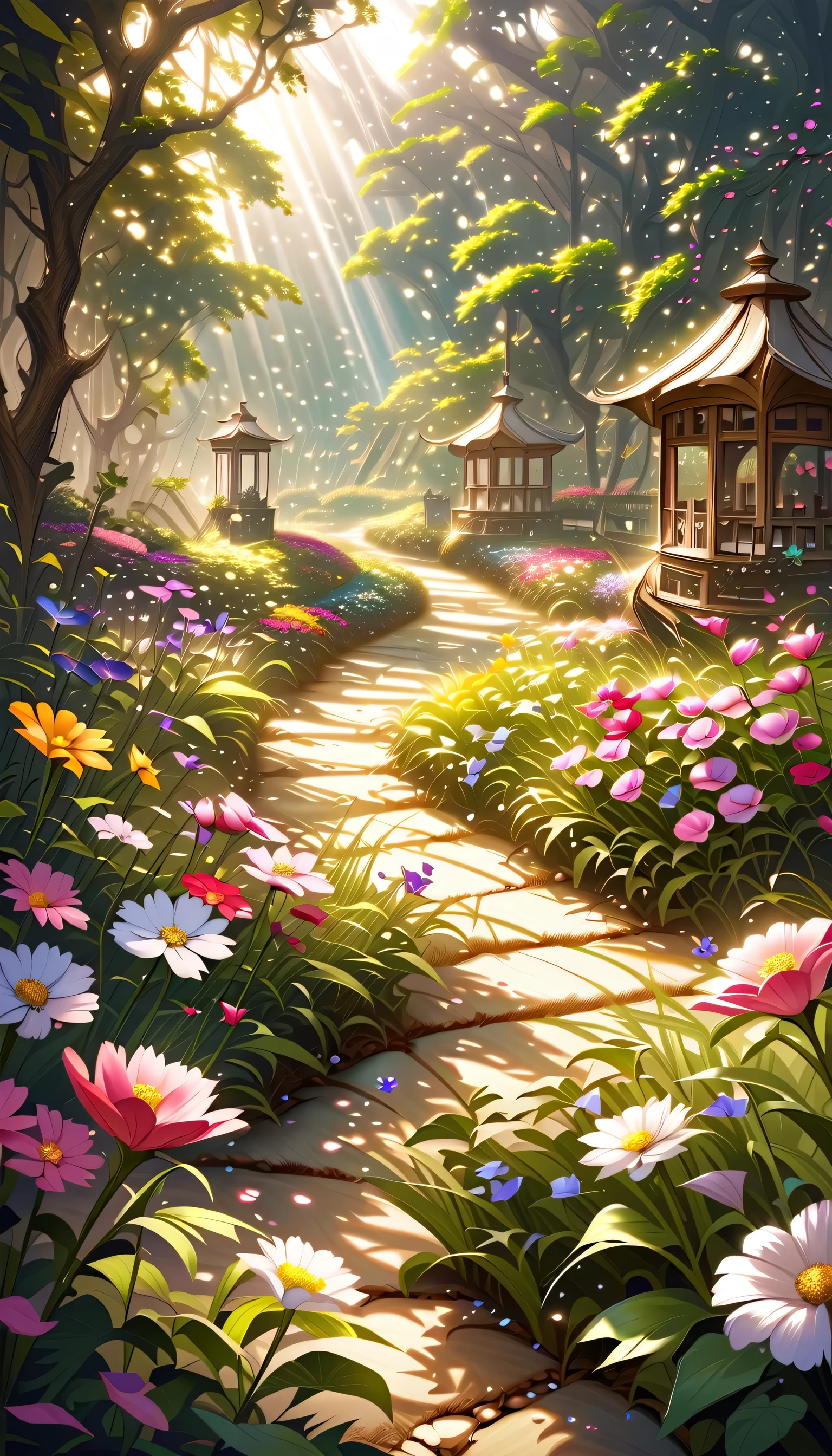 Garden of colorful flowers, Vibrant colors, Fine petals, The sunlight peeks through, Breeze, Fun atmosphere, High-resolution artwork, Realistic and crisp, Soft and natural lighting effects, Blooming Flowers, A variety of flowers, Beautifully constructed composition, Meticulous attention to detail, Realistic texture, Botanical paradise.