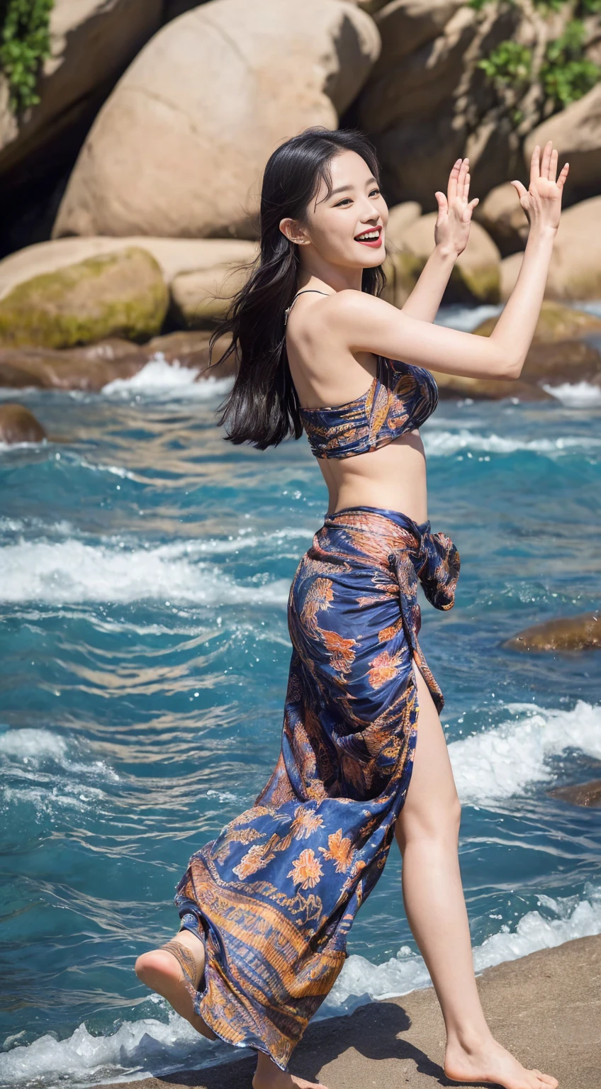 ((Top quality, 8k, Masterpiece: 1.3)), beauty, hidden face, (1 girl 18 years old), beauty: 1.3, slender abs: 1.1, ((long black hair)) necklace. (Sarong Bikini. on the rocks. River flow.  sexy ass. wrapped in a batik sarong. , ultra-detailed face, highly detailed lips, detailed eyes, double eyelids, make-up face. Peach lipstick, Open mouth and laugh out loud,(((Waving and dancing)))