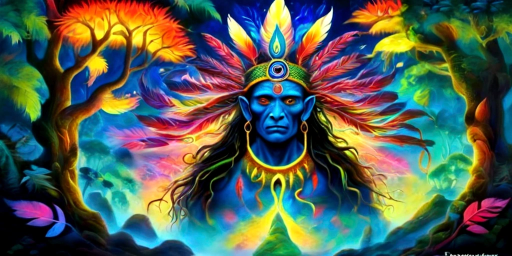 old shaman wearing a feather headdress. psychedelic third eye in the middle of the forehead. face and body covered in paint. protruding from nature, surrounded by tropical animals, colorful snakes, branches, photorealistic leafy trees