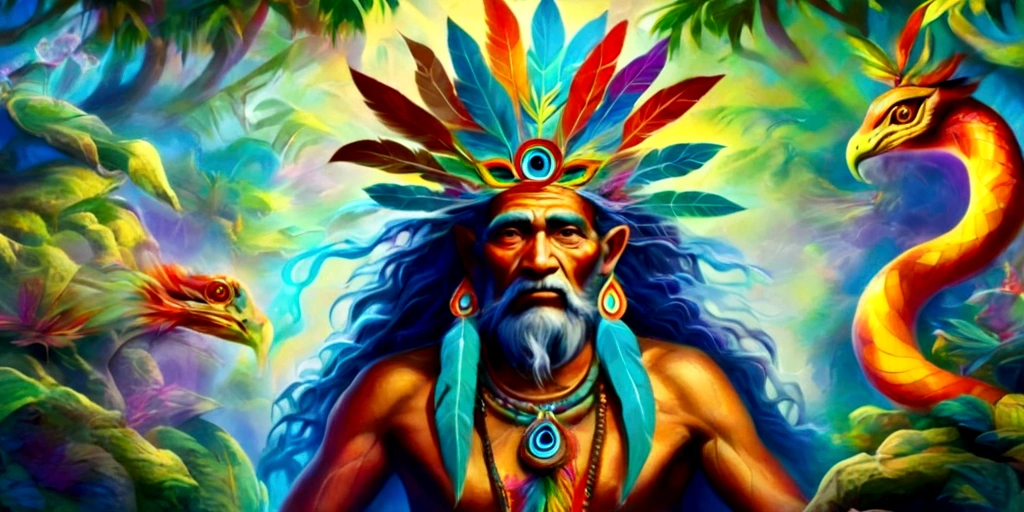 old shaman wearing a feather headdress. psychedelic third eye in the middle of the forehead. face and body covered in paint. protruding from nature, surrounded by tropical animals, colorful snakes, branches, photorealistic leafy trees