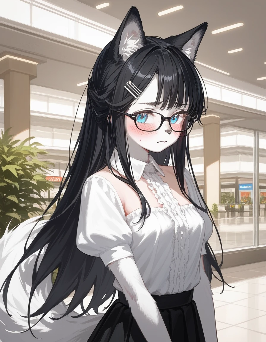 Solo, score_9,score_8_up,score_7_up, source_furry, a young nerdy Anthro furry wolf girl, wolf snout, white furry body, white fur, detailed fur, tall, long black straight hair, elegant black hair, hair clip, white wolf tail, blue eyes, black glasses, white wolf ears, white wolf tail, small breasts, wearing elegant white blouse, short black skirt, fidgeting, embarrassed expression, blushing, looking away, outdoors at a mall, upper body shot, 