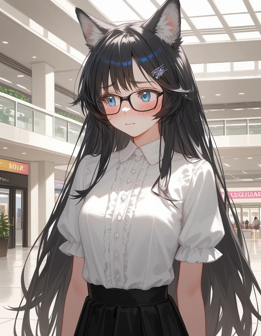 Solo, score_9,score_8_up,score_7_up, source_furry, a young nerdy Anthro furry wolf girl, wolf snout, white furry body, white fur, detailed fur, tall, long black straight hair, elegant black hair, hair clip, white wolf tail, blue eyes, black glasses, white wolf ears, white wolf tail, small breasts, wearing elegant white blouse, short black skirt, fidgeting, embarrassed expression, blushing, looking away, outdoors at a mall, upper body shot,