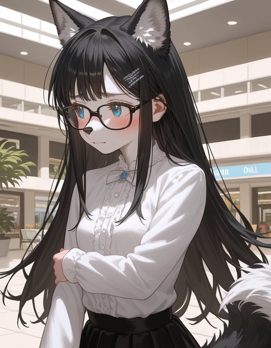 Solo, score_9,score_8_up,score_7_up, source_furry, a young nerdy Anthro furry wolf girl, wolf snout, white furry body, white fur, detailed fur, tall, long black straight hair, elegant black hair, hair clip, white wolf tail, blue eyes, black glasses, white wolf ears, white wolf tail, small breasts, wearing elegant white blouse, short black skirt, fidgeting, embarrassed expression, blushing, looking away, outdoors at a mall, upper body shot,