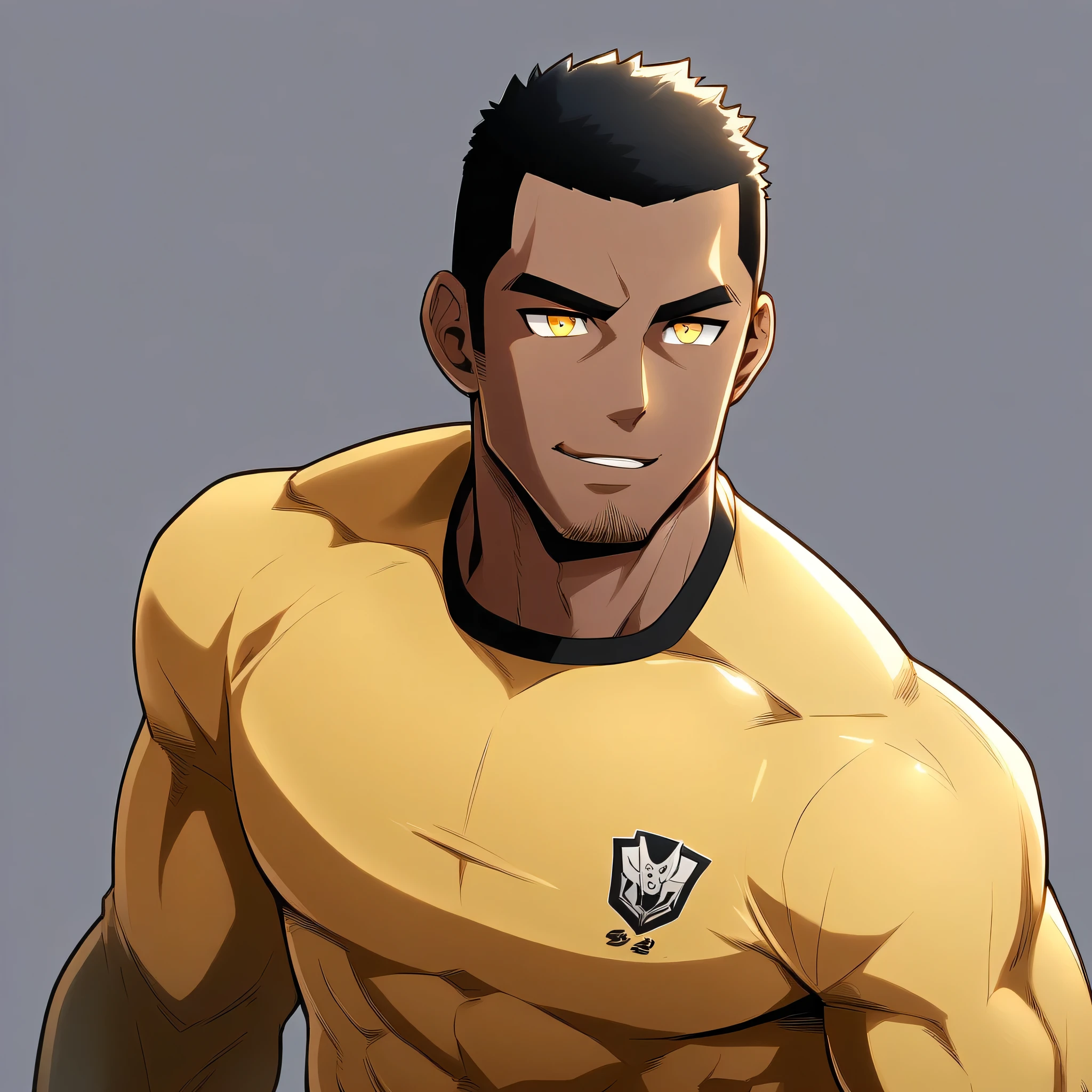 anime characters:Gyee, Young Muscle Sports Student, negro black skin, Buzz Cut, Manliness, male focus, Dark yellow long sleeve tight T-shirt, Slightly transparent texture, Very tight, Slightly transparent, muscular male, muscular, only, Upper body, alone, Black short hair, Thick eyebrows, stubble, Yellow eyes, Grey background, simple background, amazing quality, best aesthetics, Ridiculous, bright pupils, crew cut, parted lips, seductive smile, torogao, naughty face, best quality