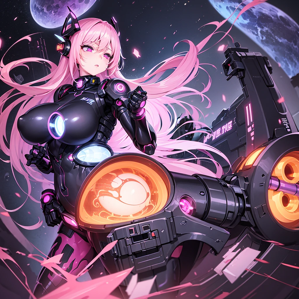 Sexy mechanical girl with prosthetics, cybernetic prostheses with elements of flesh, long pink hair, violet eyes, mechanical exoskeleton, android robot, big hips, large bust open cleavage, panties seen, anime style background, spaceship, black and orange stars, planets, cosmic nebula, flash