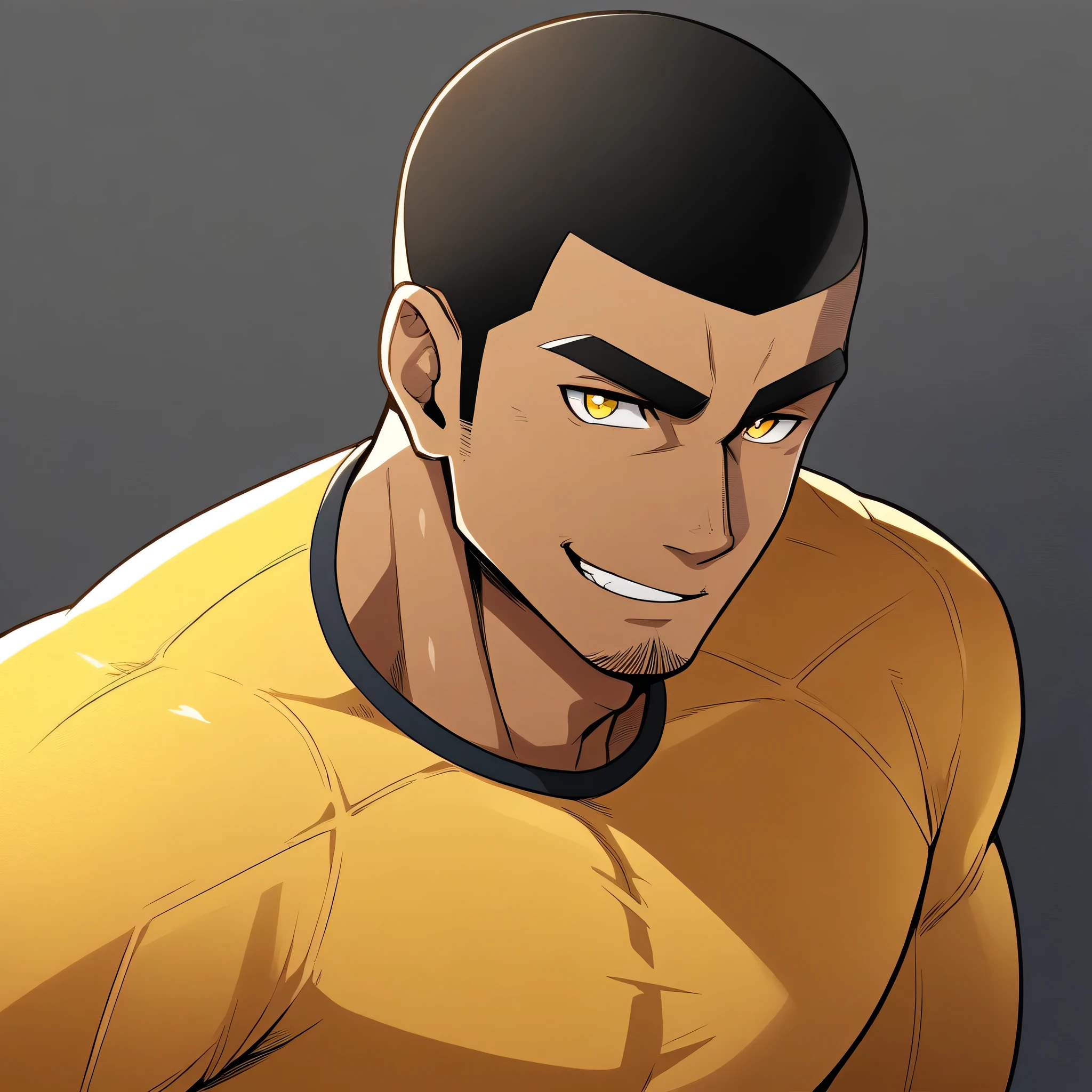 anime characters:Gyee, Young Muscle Sports Student, negro black skin, Buzz Cut, Manliness, male focus, Dark yellow long sleeve tight T-shirt, Slightly transparent texture, Very tight, Slightly transparent, muscular male, muscular, only, Upper body, alone, Black short hair, Thick eyebrows, stubble, Yellow eyes, Grey background, simple background, amazing quality, best aesthetics, Ridiculous, bright pupils, crew cut, parted lips, seductive smile, torogao, naughty face, best quality