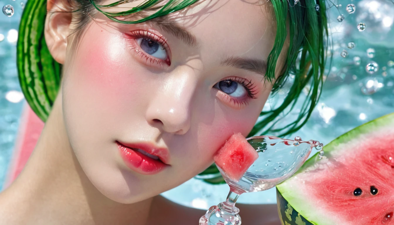 Summer Watermelon Girl,Dopamine teenage, Cool summer days,Chilled watermelon,Ice cubes,The watery girl,Delicate skin,Hydration,Shiny,Shiny,dream,Front view,bust,pearl