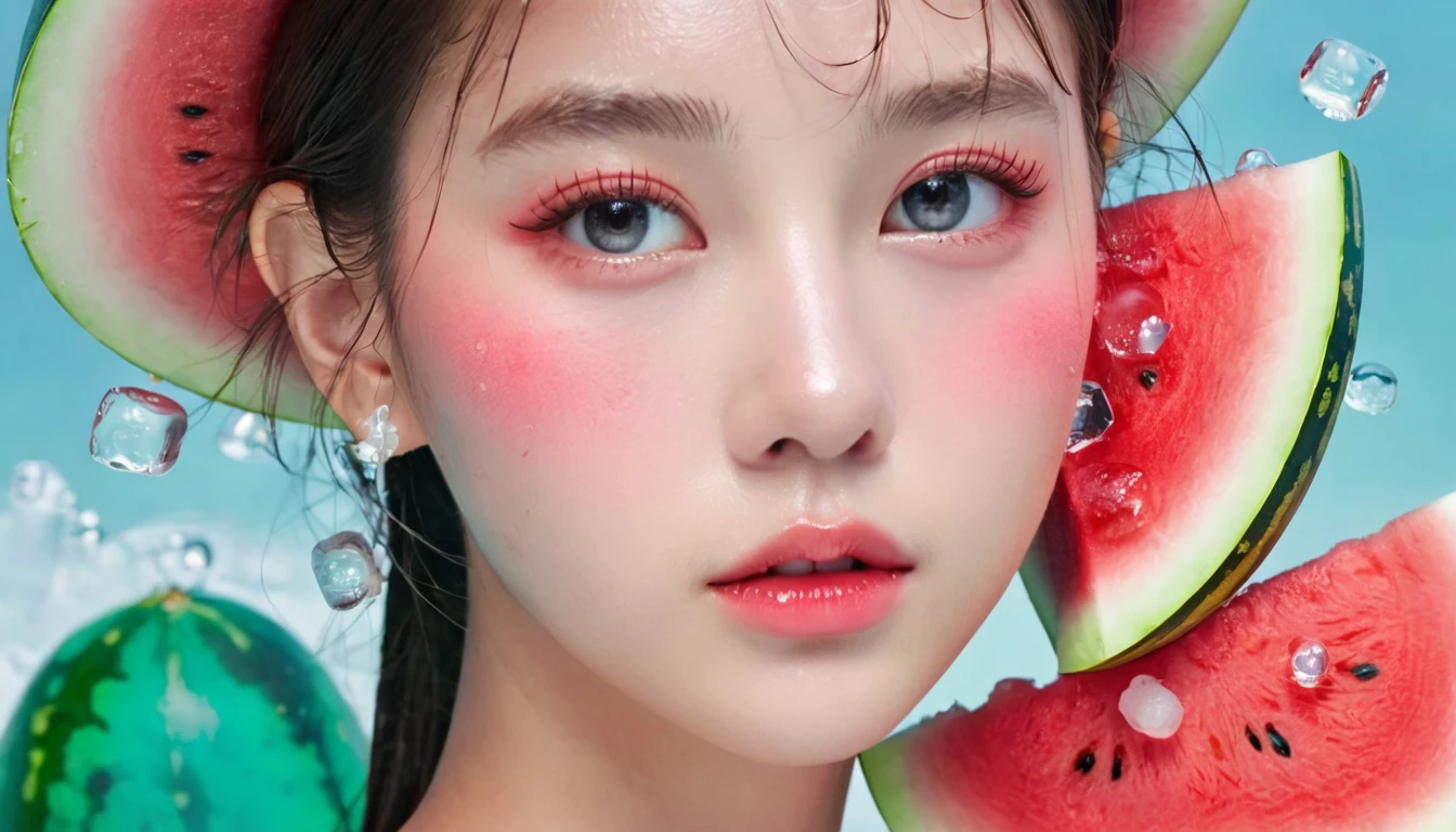 Summer Watermelon Girl,Dopamine age, Cool summer days,Chilled watermelon,Ice cubes,The watery girl,Delicate skin,Hydration,Shiny,Shiny,dream,Front view,bust,pearl