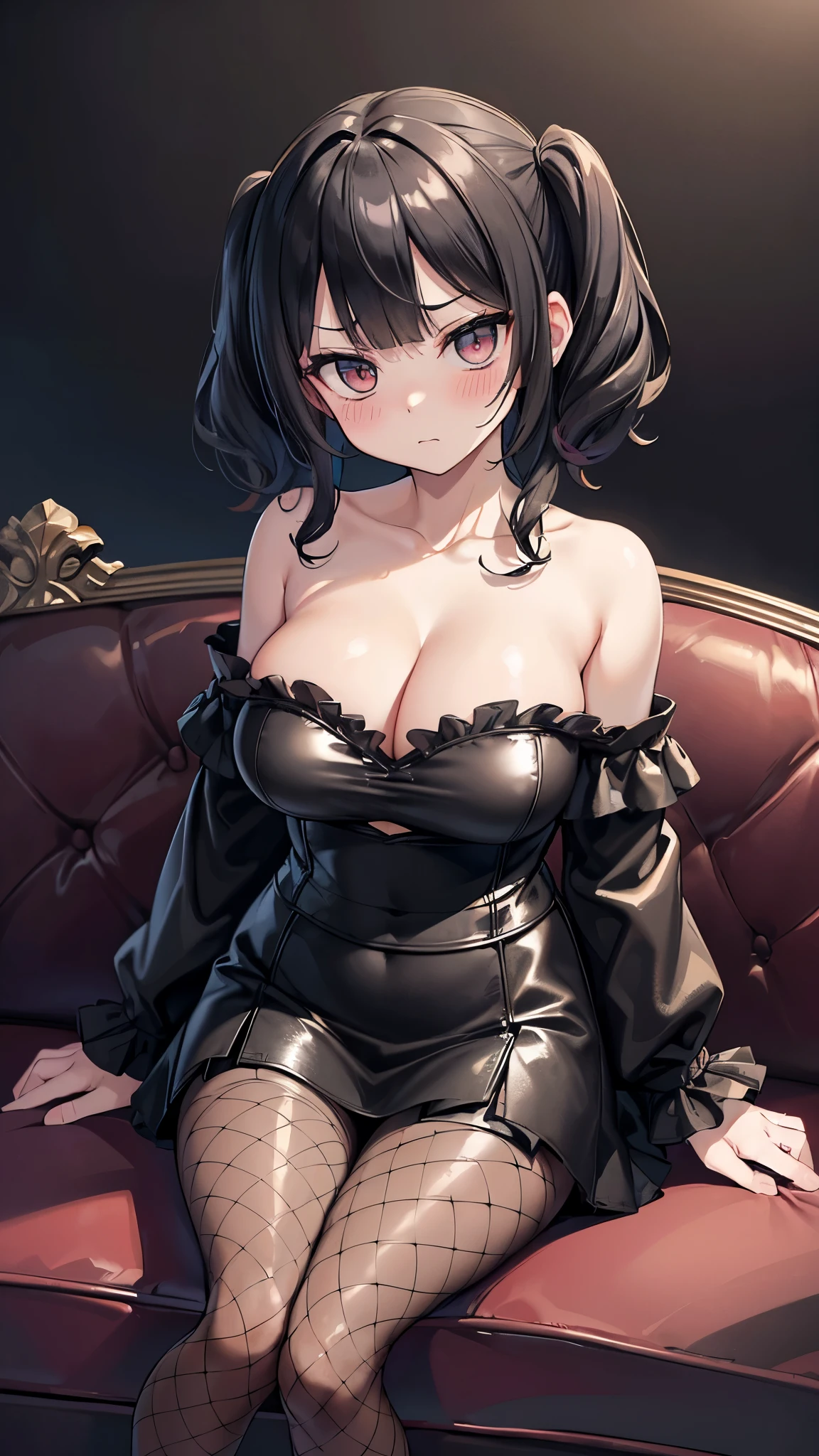 (8K、Best image quality、Highest quality、Ultra-high resolution, Detailed Background、The perfect background、Realistic skin texture、masterpiece) Black hair in twin tails、short hair、Wavy Hair、Blunt bangs、Black Eye、((blush、Glaring at me))、((Large Breasts、Cleavage))、Black frilly outfit、Off-the-shoulder strapless、Black mini skirt、((Hold the skirt with your hands))、((Fishnet tights))、A charming brat、 (((Dim lighting)),(((Sitting on a large velvet leather sofa with her legs closed)))、Embarrassed