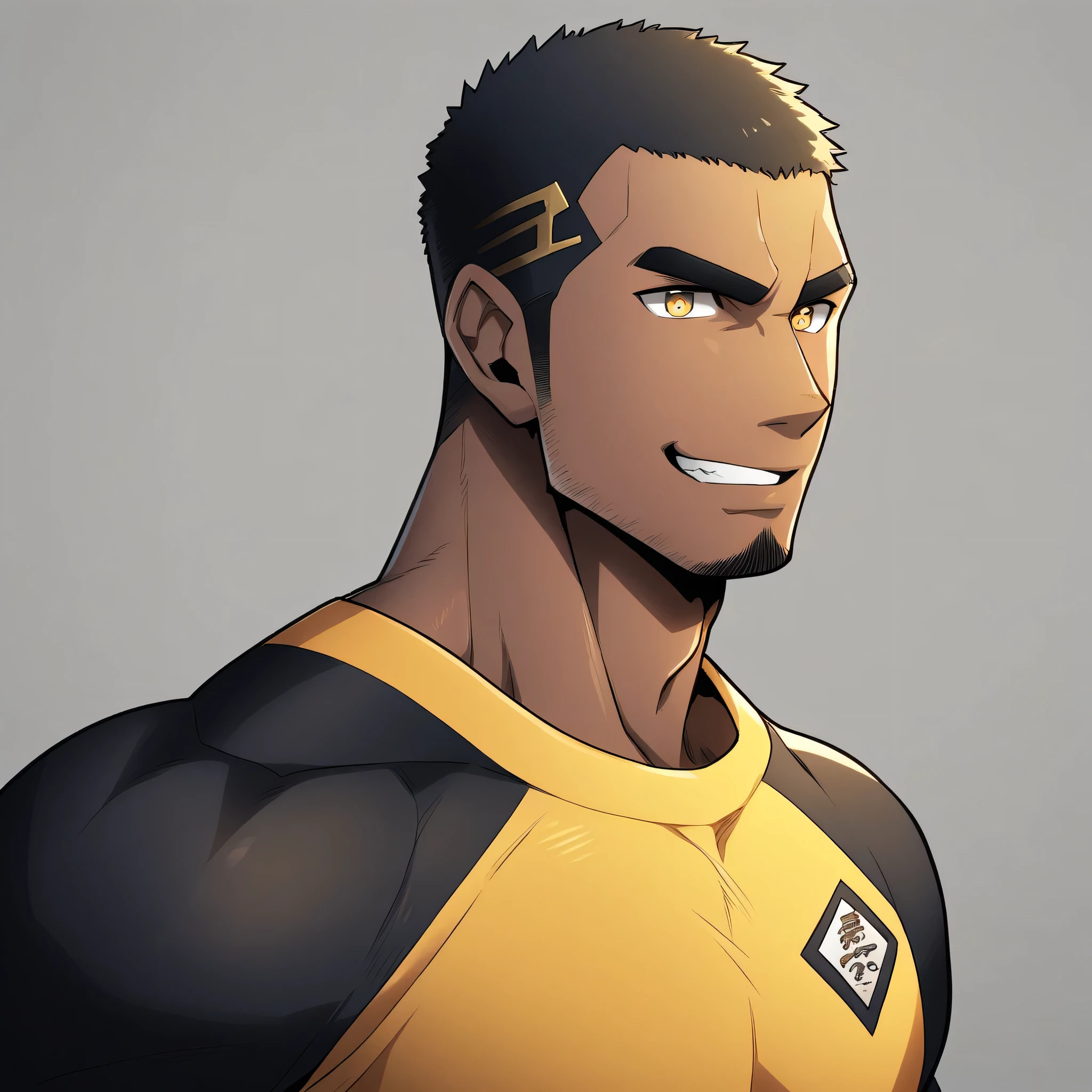 anime characters:Gyee, Young Muscle Sports Student, negro black skin, Buzz Cut, Manliness, male focus, Dark yellow long sleeve tight T-shirt, Slightly transparent texture, Very tight, Slightly transparent, muscular male, muscular, only, Upper body, alone, Black short hair, Thick eyebrows, stubble, Yellow eyes, Grey background, simple background, amazing quality, best aesthetics, Ridiculous, bright pupils, crew cut, parted lips, seductive smile, torogao, naughty face, best quality