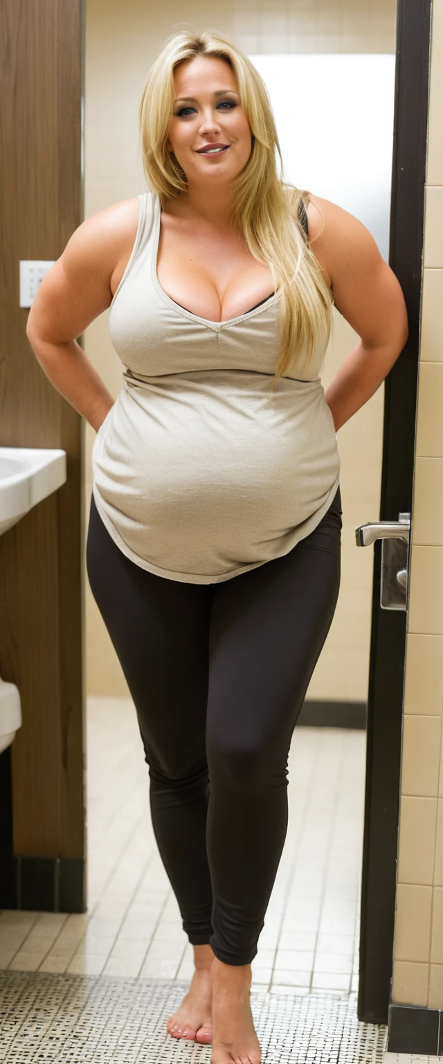 woman, blonde, straight long hair, chubby, natural cleavage, 40 years old, caucasian, bbw, chubby, makeup, full body picture, big hips, blonde hair, tank top with no bra underneath, leggings pants, public bathroom, saggy breasts, natural hair, casual pose