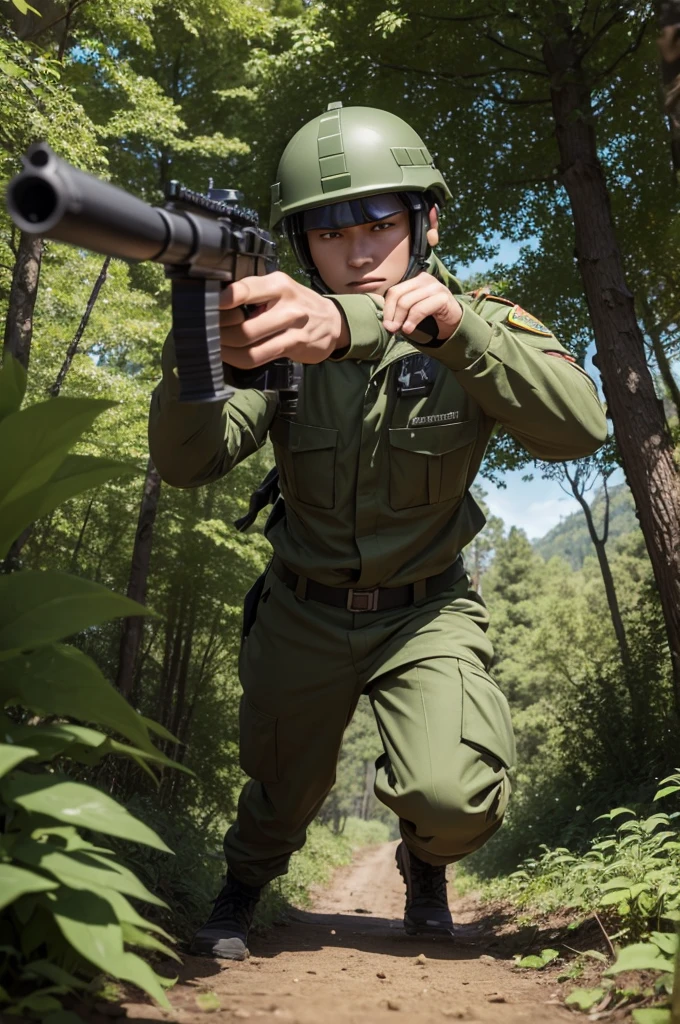 A soldier of gerakan Aceh merdeka shooting with gun AK-47
