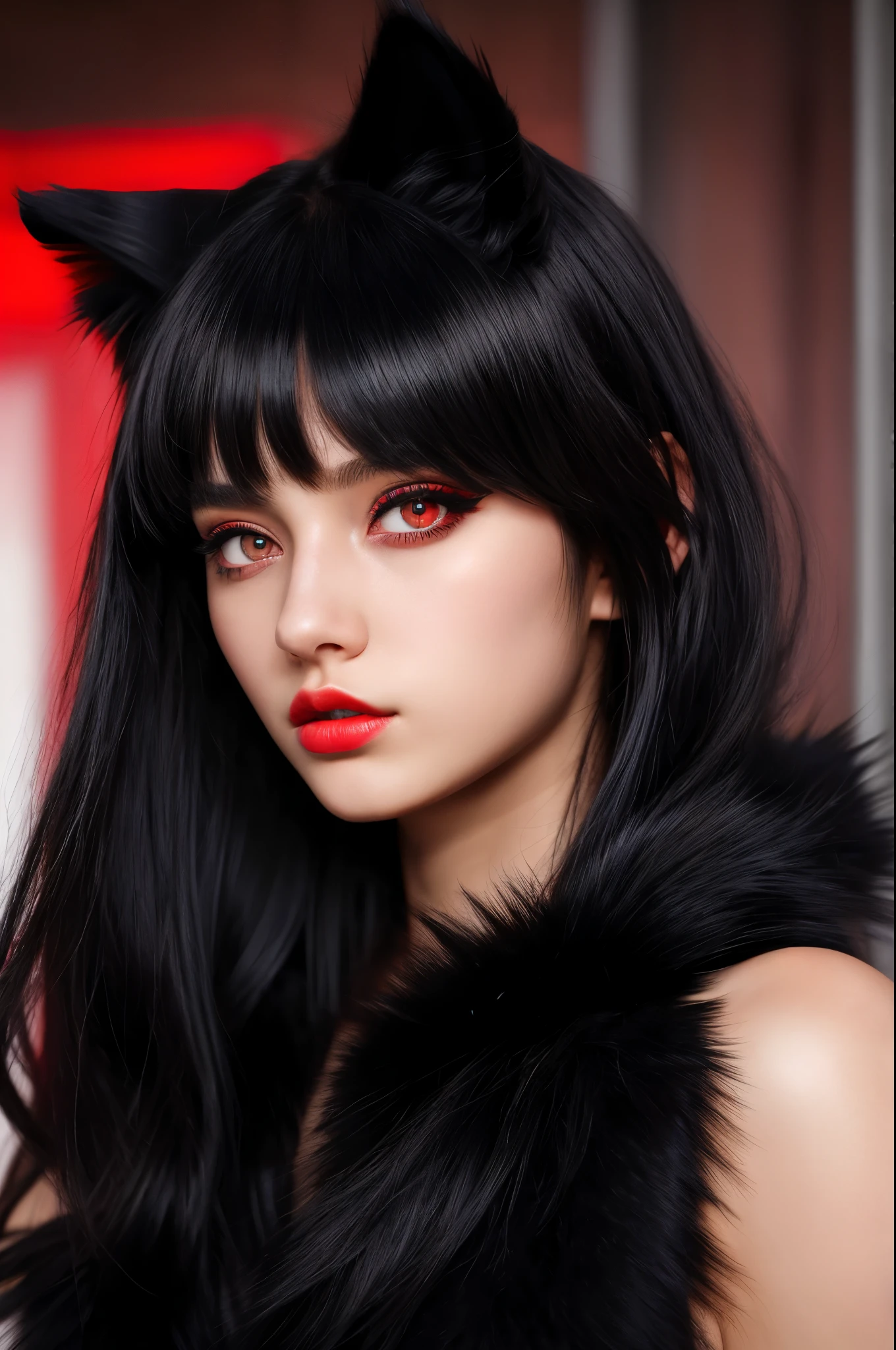 1 girl, beautiful girl, Body length 150cm, 20 years, (black fur, Rebellious hairstyle) , (Red eyes), realist eyes, beautiful and sharp eyes), men's clothes, Dancer clothing , big breasts, (8K Wallpaper), (street wallpaper) 8k, alto quilty, realist, beautiful realist, cool details, photo and gross, realist clothing, black fur, realist hair, realist eyes, Light and cool lighting, photo realist, cel shading, Gel lighting, ultra details, ((Riding a bicycle on the street)), (in the morning)