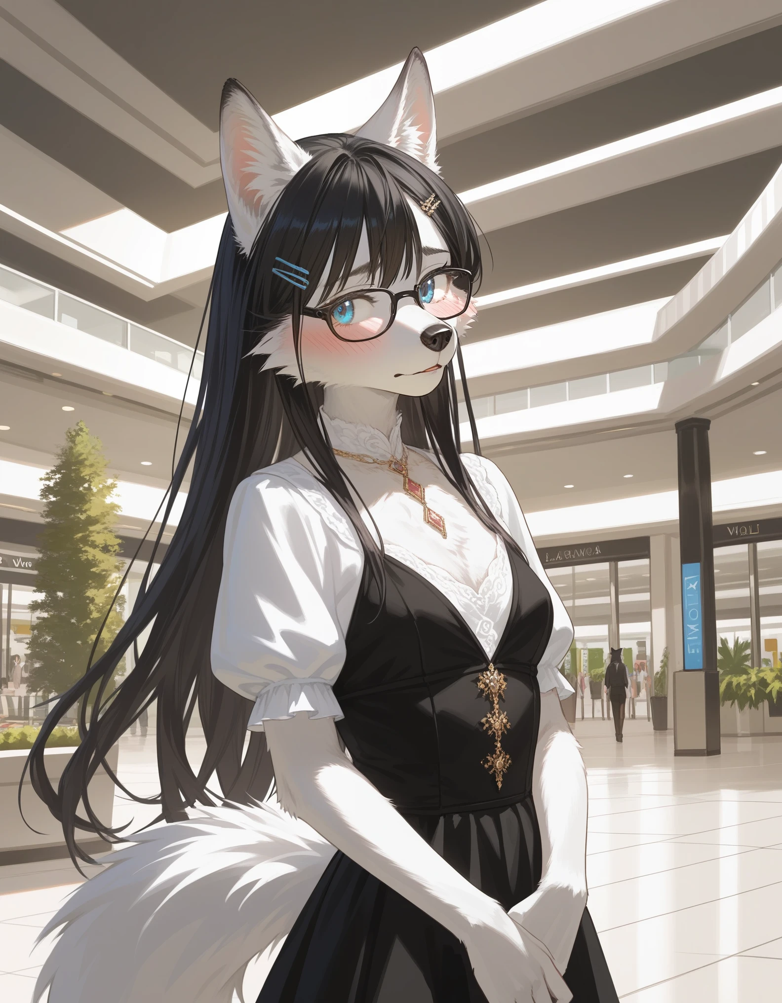 Solo, score_9,score_8_up,score_7_up, source_furry, an Anthro furry wolf girl, wolf snout, white furry body, white fur, detailed fur, tall, long black straight hair, elegant black hair, hair clip, white wolf tail, blue eyes, black glasses, white wolf ears, white wolf tail, small breasts, wearing elegant white blouse, short black skirt, fidgeting, embarrassed expression, blushing, looking away, outdoors at a mall, upper body shot,