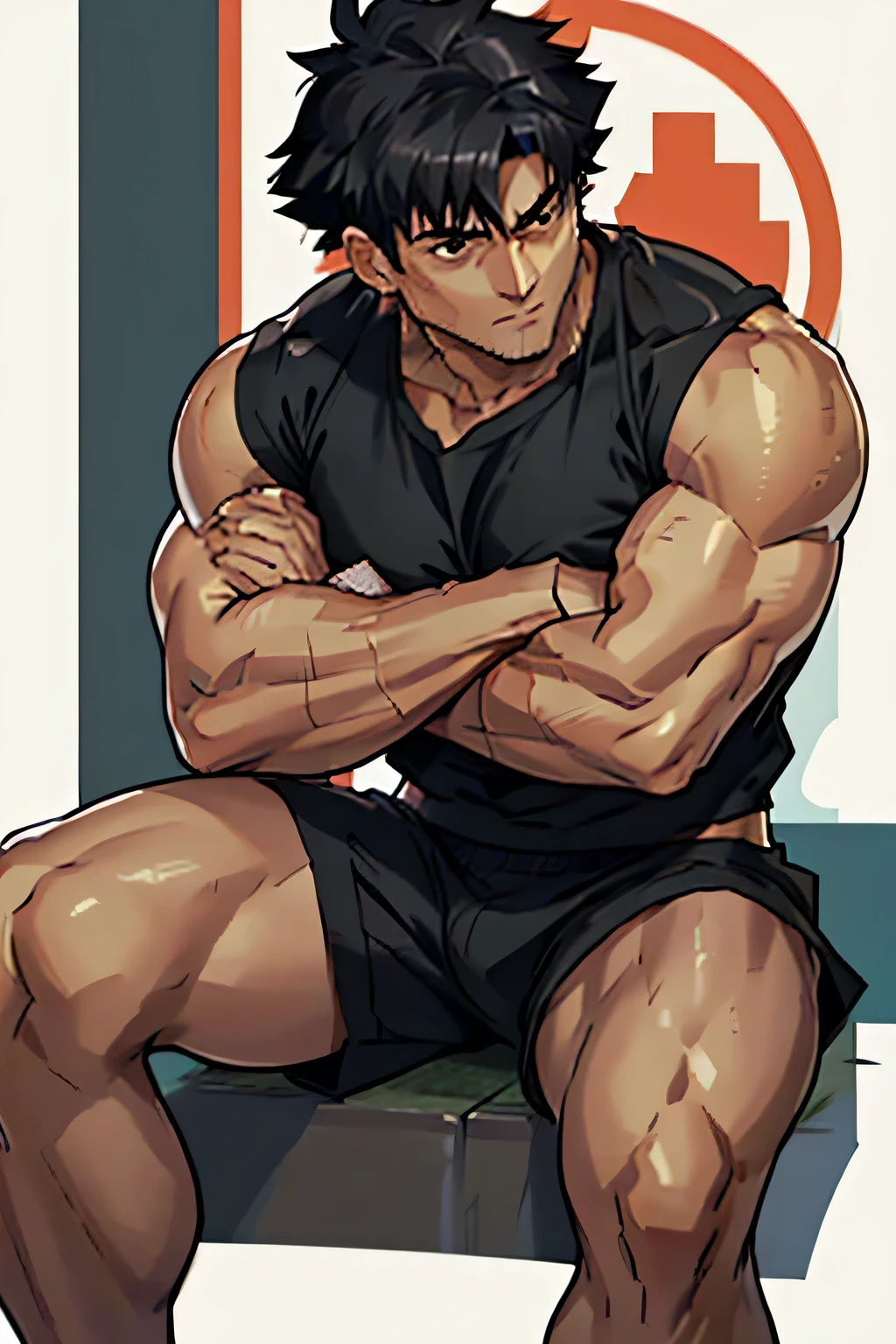 Kiritsugu is sitting and flexing his buff biceps and thighs. He wears black short boxershorts. You can see his thighs completely. He is wearing a black tshirt with short sleeves. His sleeve is rolled up completely, so you can see his entire arm and shoulder. He is admiring his arms. He has a huge bulge. You can see his abs too.