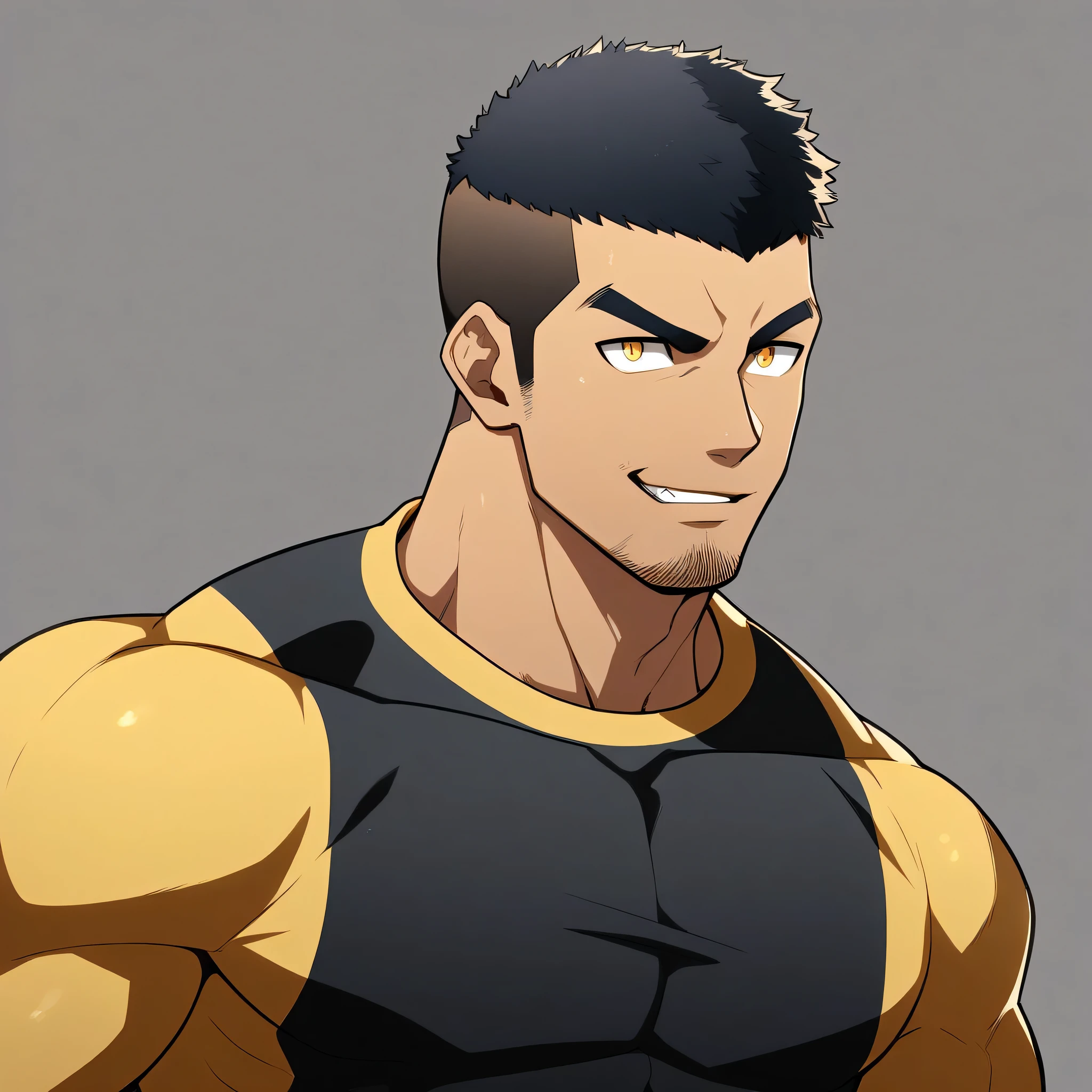 anime characters:Gyee, Young Muscle Sports Student, negro black skin, Buzz Cut, Manliness, male focus, Dark yellow long sleeve tight T-shirt, Slightly transparent texture, Very tight, Slightly transparent, muscular male, muscular, only, Upper body, alone, Black short hair, Thick eyebrows, stubble, Yellow eyes, Grey background, simple background, amazing quality, best aesthetics, Ridiculous, bright pupils, crew cut, parted lips, seductive smile, torogao, naughty face, best quality