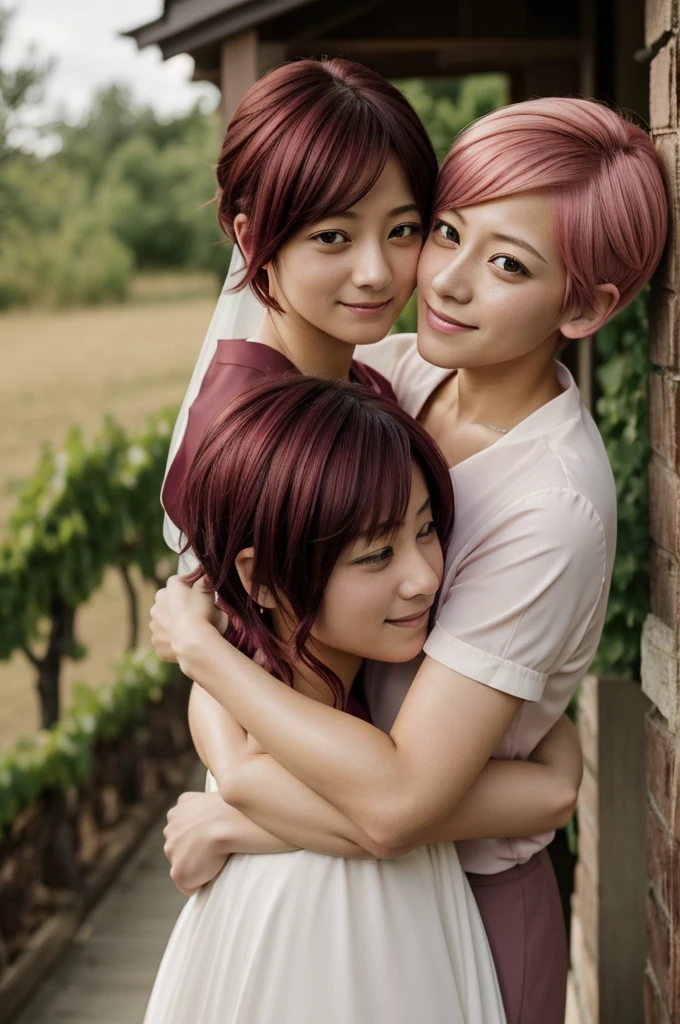 Tamaki and Annie are couples, Annie, a girl with short pink hair and her eyes are very striking wine red colors, having small layers in her hair.,They are both hugging and about to get married