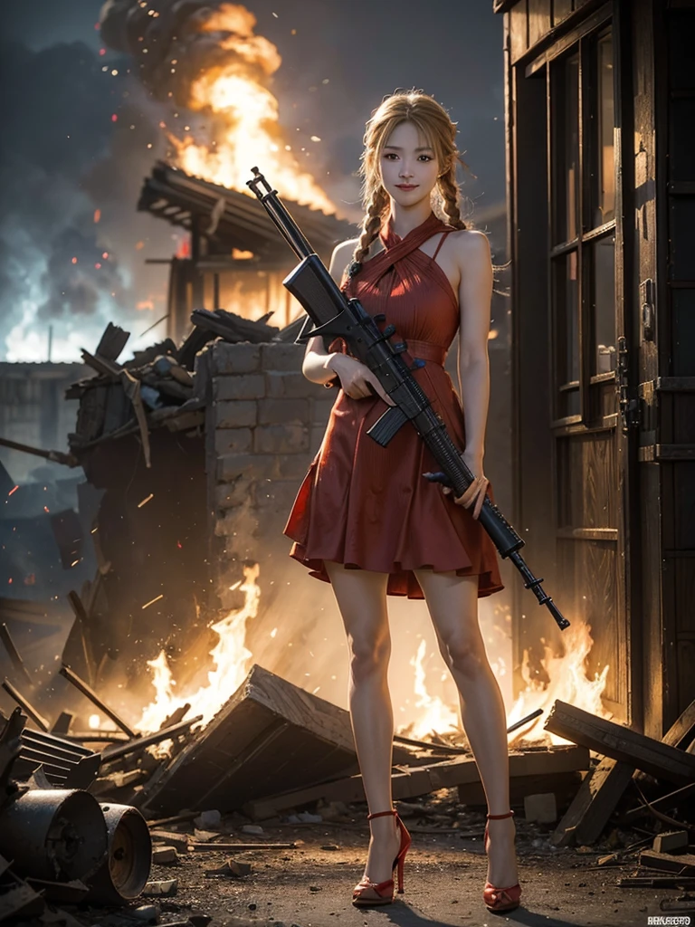 (Top quality，Ultra HD，lifelike: 1.4)(Cowboy Shooter 1)，Beautiful armed girl， (K-Pop Idol) ，Detailed face，opposition，Perfect anatomy，Smooth skin，Professional lighting， (Wearing a red super short flame pattern dress，Red high heels，blond，Girl with two short braids)，Victory in battle，Smile of victory(background，Destroyed buildings，Fire， (Huge explosion) ) ,Full body close-up， (Holding weapon, Holding rifle, Purposeing, Purpose:1.2), gun, H&k hk416, 马gun, Fire,