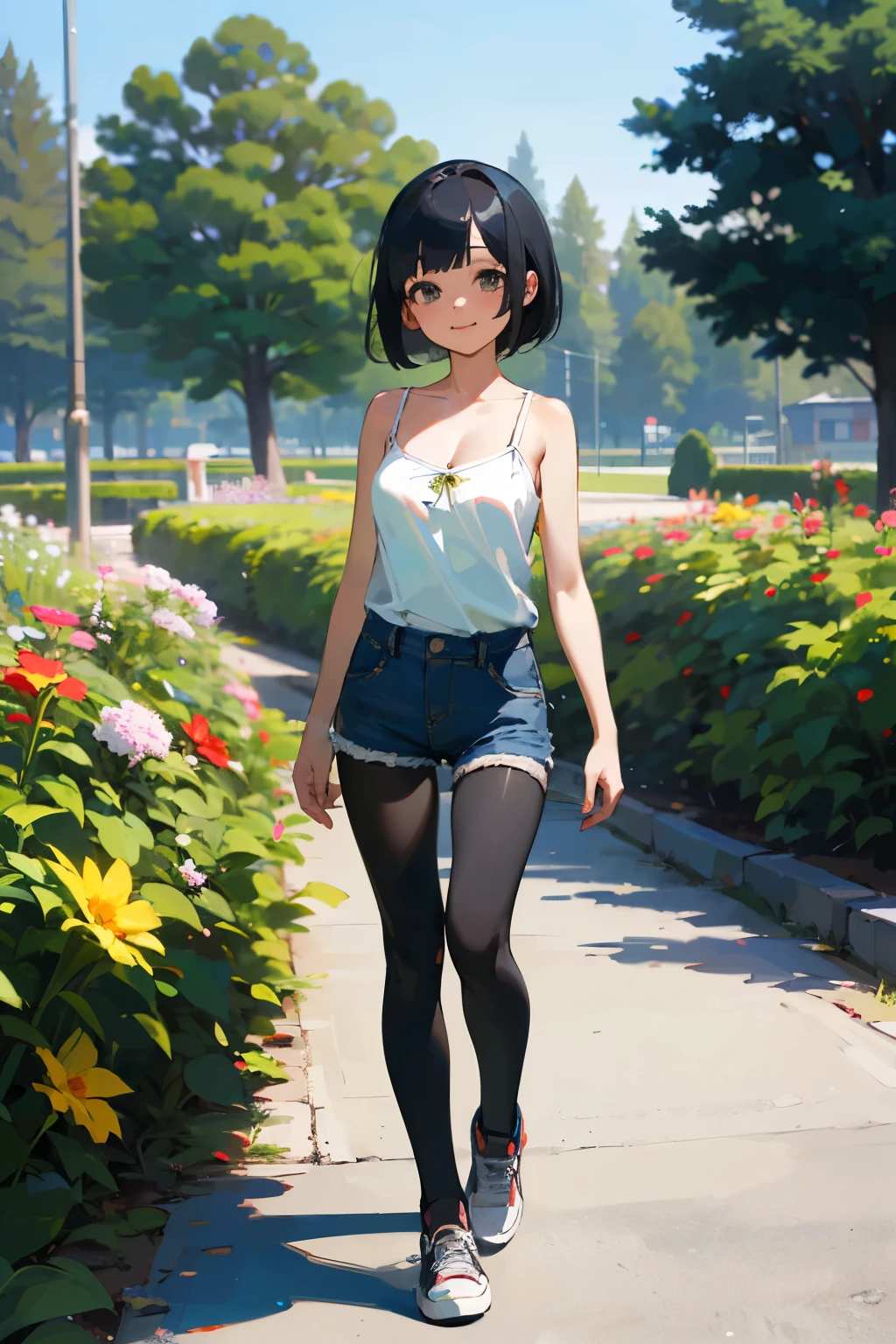 (high quality, High resolution, Very detailed, reality:1.37), Peaceful atmosphere, (Outdoor, garden), Teenage girl standing alone, (my breasts are big.), Beautiful details, Cute Smile, (Black bob hair), camisole, Denim shorts, Black tights, sneakers.