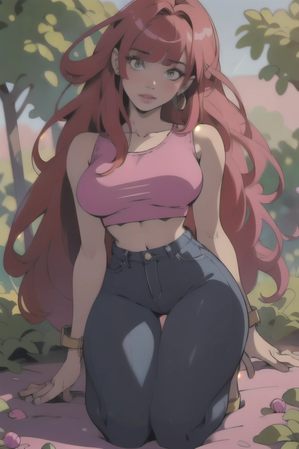 photo of Meowko, RAW, beautiful woman, ((portrait)), ((detailed face:1.2)), ((detailed facial feature, detailed skin, glossy lips, shiny luscious lips, clear skin), (long candy red hair, straight hair, bangs, Candy fuchsia hair, bright pink hair: 1.55), (slender body, narrow waist, narrow hips, skinny body, huge breasts), (wearing a tight blue jeans, low cut crop top, revealing top, jewelry), (kneeling in a cozy garden filled with greens), (realistic photo, best quality, detailed), (8k wallpaper), (cinematic lighting, beautiful light, (day:1.3)) (sharp focus, intricate)