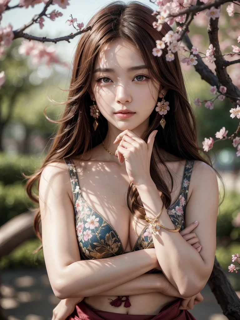 masterpiece, extremely detailed CG unity 8k wallpaper, 1girl, beautiful, realistic, blurry background, blurry foreground, branch, brown hair, plum blossom, depth of field, earrings, flower, jewelry, nose, realistic, solo, Chinese clothes, fingers hidden, arms hidden, only wearing a bra, (((split chin)))