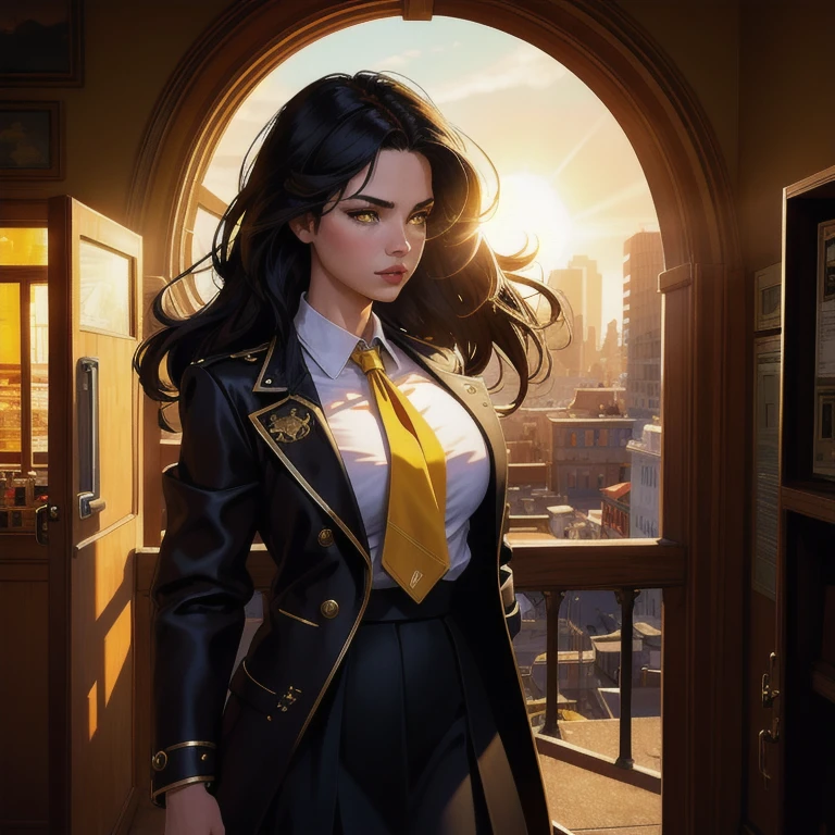 1 girl, intricate-detail, work of art, best qualityer, extremely detaild,cinematic lighting, beautiful detailed glowing, beautiful face and finely detailed eyes, 8K, dark intense shadows, yellow  eyes, medium hair, Bblack hair, bangss, floating hair, Black jacke, open jacket, white  shirt, unexpressive, yellow tie, Black Skirt, searchlight, sunshine light, rise sun, gradient sky, citys, Lens flare, cowboy shot, [[curved]], [mature woman]