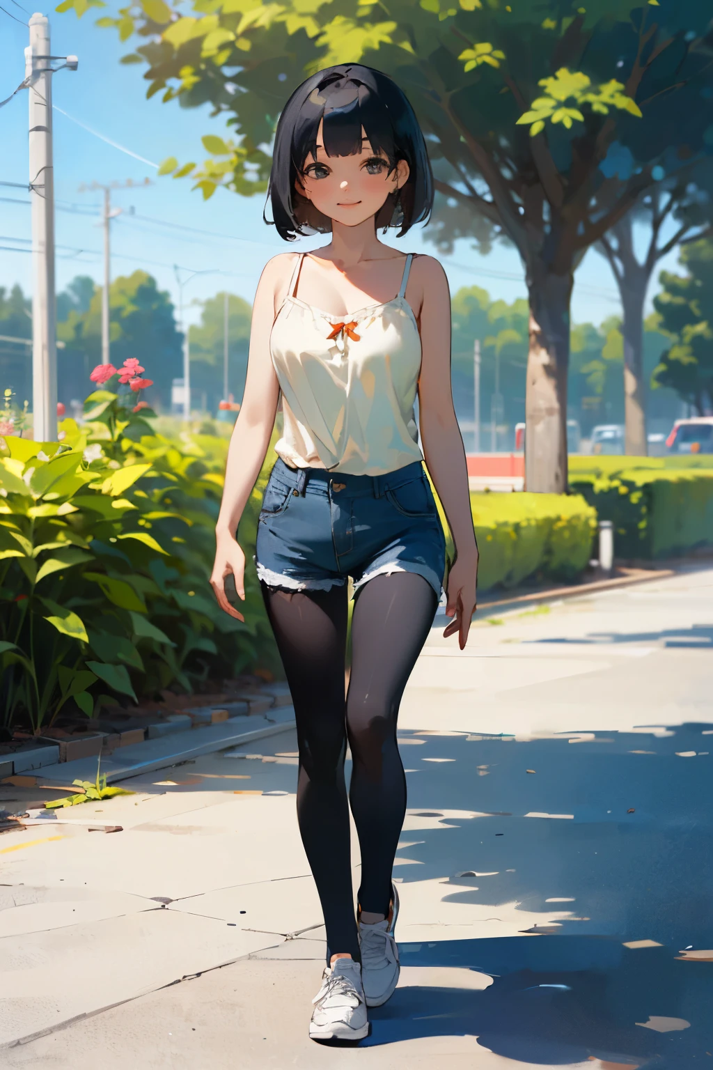 (high quality, High resolution, Very detailed, reality:1.37), Peaceful atmosphere, (Outdoor, garden), Teenage girl standing alone, (my breasts are big.), Beautiful details, Cute Smile, (Black bob hair), camisole, Denim shorts, Black tights, sneakers.